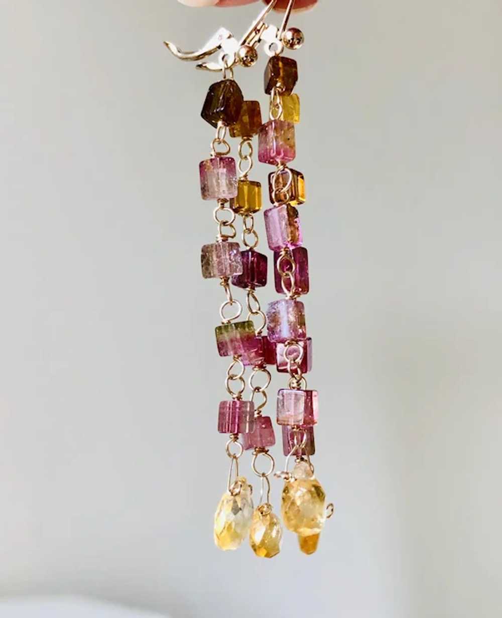 Long Tourmaline Earrings, Gold Rainbow Tourmaline… - image 4