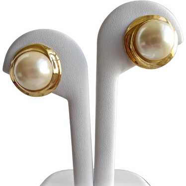 NAPIER Faux Pearl Cabochon Earrings, Gold tone, S… - image 1