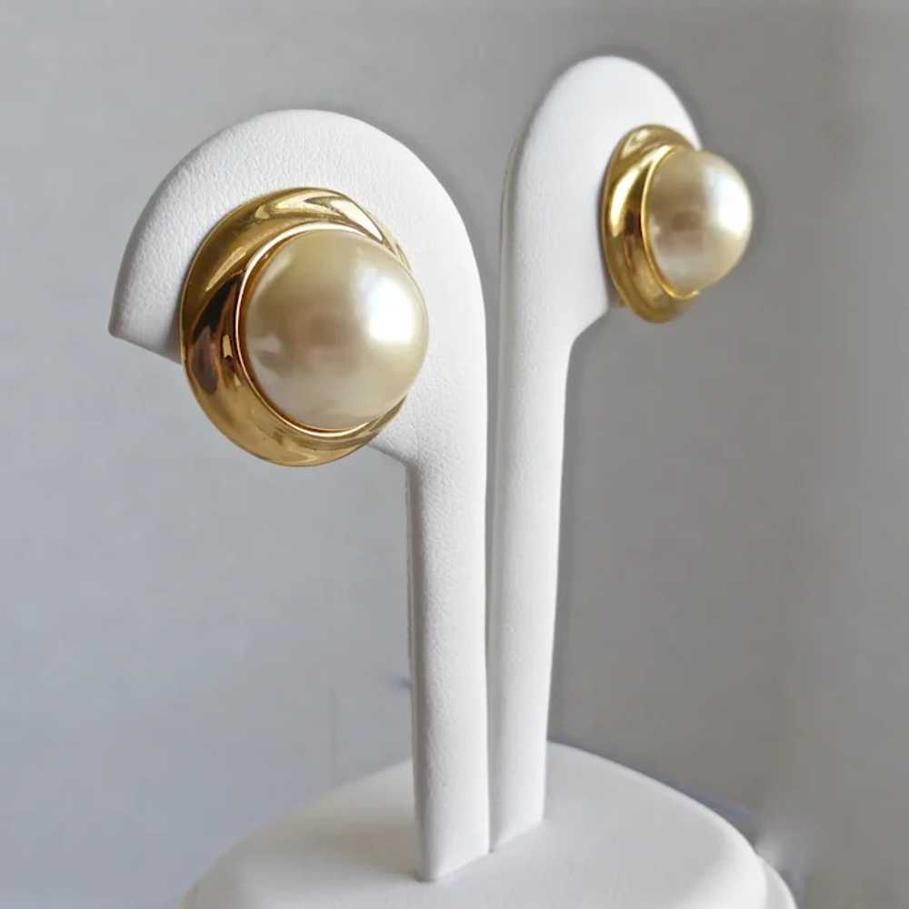 NAPIER Faux Pearl Cabochon Earrings, Gold tone, S… - image 2