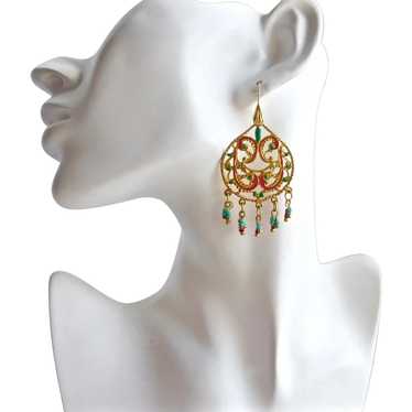 Pretty Lacy Filigree Drops with Red and Turquoise… - image 1