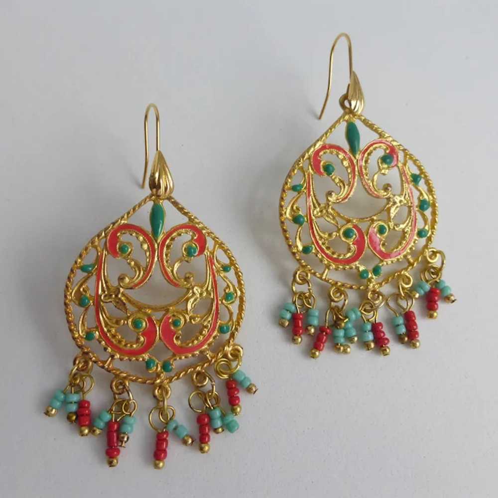 Pretty Lacy Filigree Drops with Red and Turquoise… - image 2