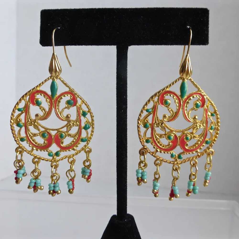 Pretty Lacy Filigree Drops with Red and Turquoise… - image 3