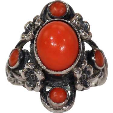 Vintage Austro-Hungarian Silver Red Coral Ring Fl… - image 1