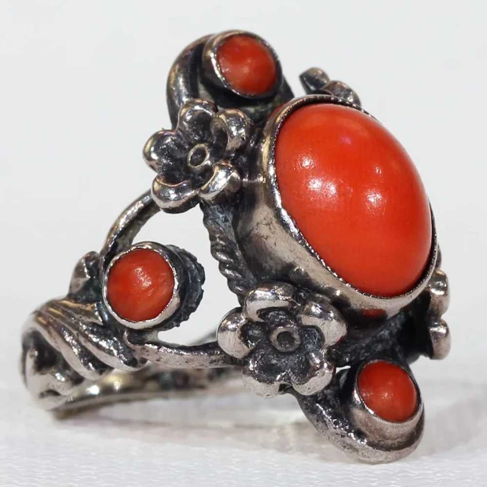 Vintage Austro-Hungarian Silver Red Coral Ring Fl… - image 2