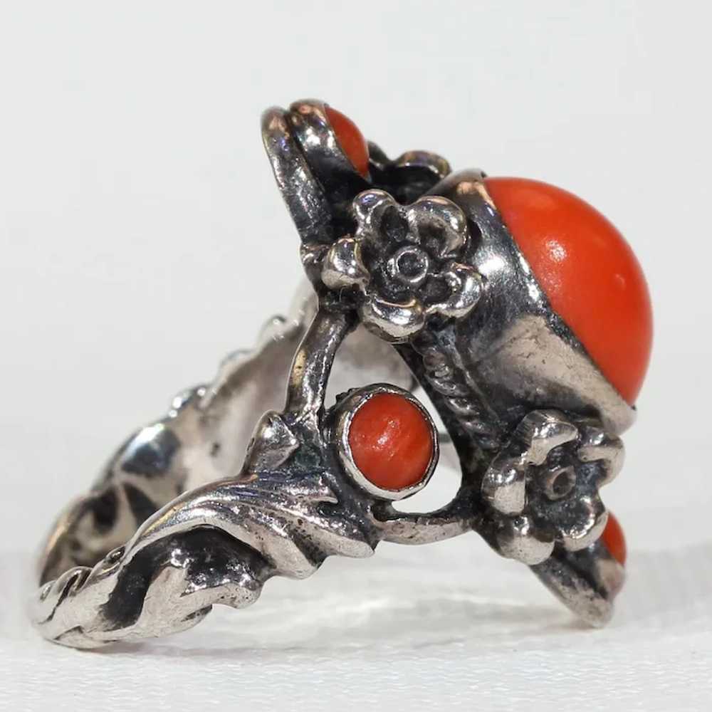 Vintage Austro-Hungarian Silver Red Coral Ring Fl… - image 3