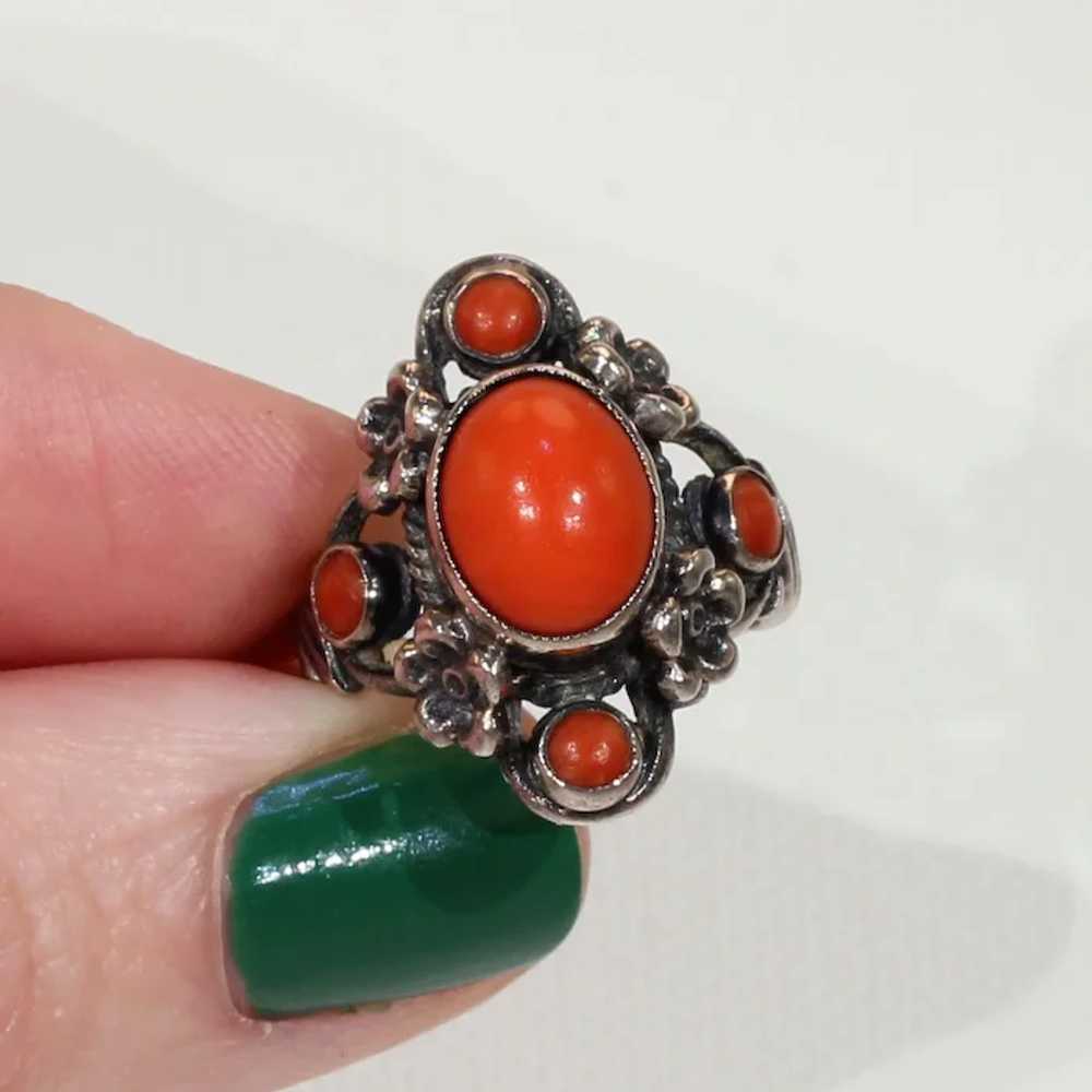 Vintage Austro-Hungarian Silver Red Coral Ring Fl… - image 6