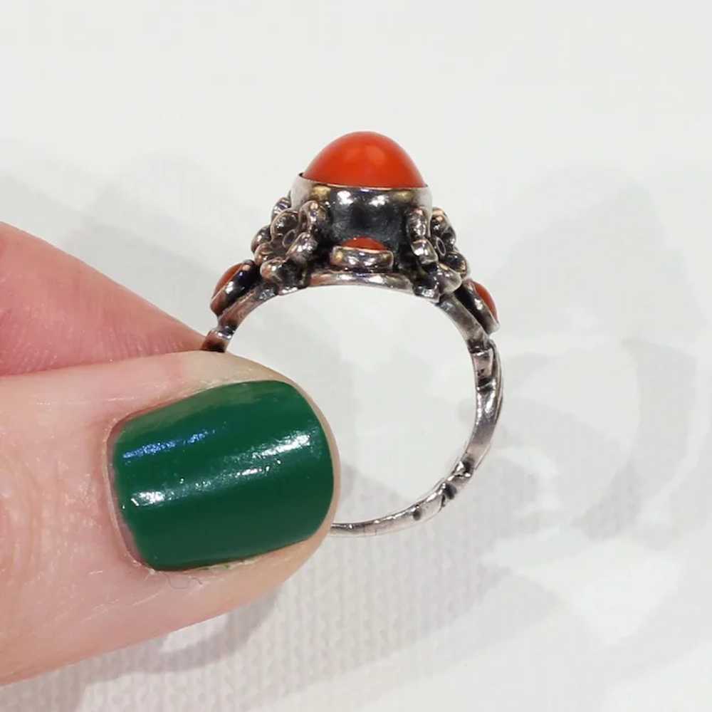 Vintage Austro-Hungarian Silver Red Coral Ring Fl… - image 7