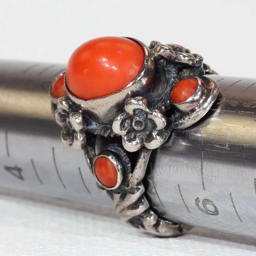 Vintage Austro-Hungarian Silver Red Coral Ring Fl… - image 8