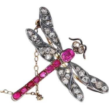 Art Nouveau French Ruby Diamond Dragonfly Brooch - image 1