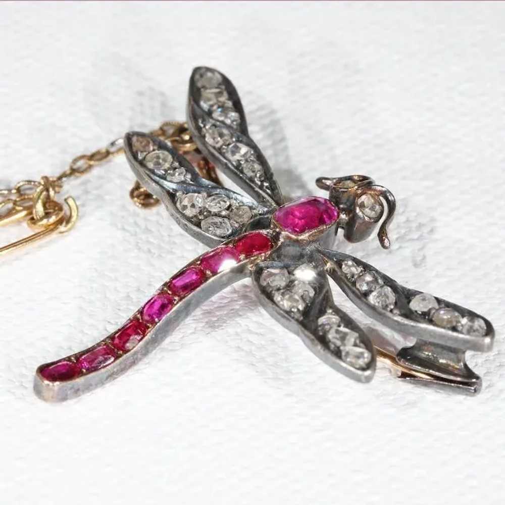 Art Nouveau French Ruby Diamond Dragonfly Brooch - image 3