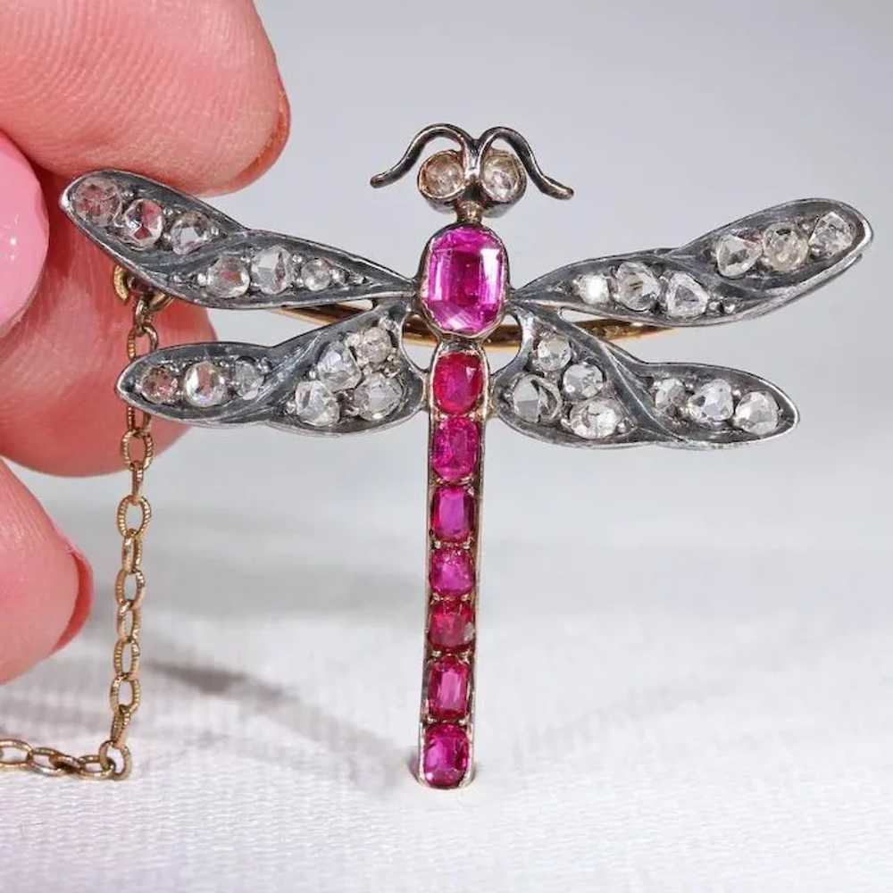 Art Nouveau French Ruby Diamond Dragonfly Brooch - image 6