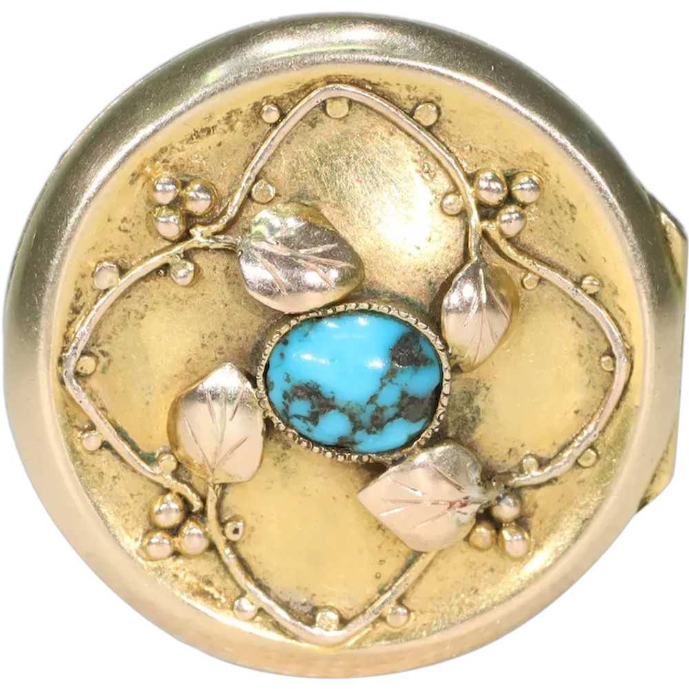 Antique Arts and Crafts Turquoise Gold Brooch Loc… - image 1