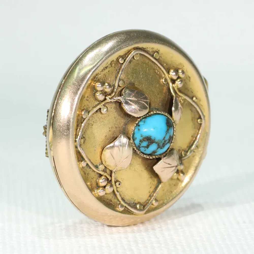 Antique Arts and Crafts Turquoise Gold Brooch Loc… - image 2