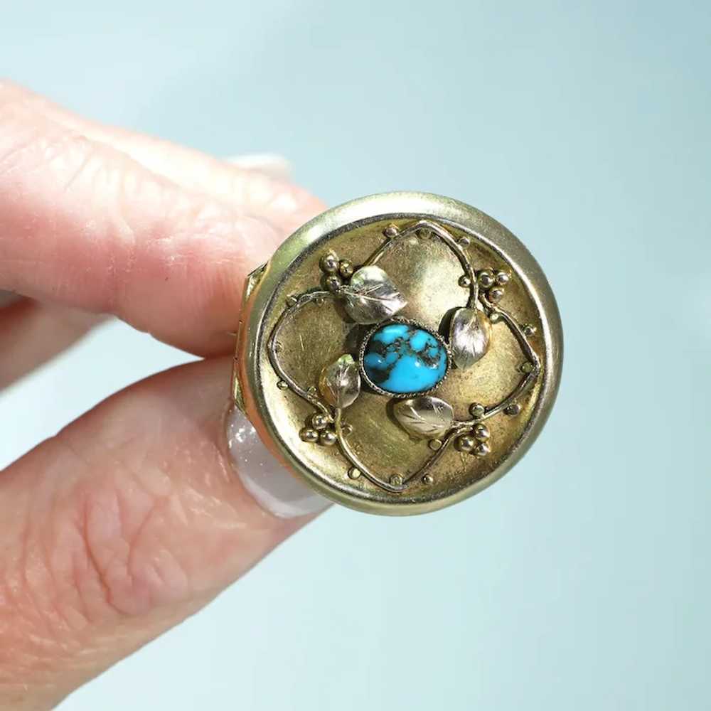 Antique Arts and Crafts Turquoise Gold Brooch Loc… - image 7