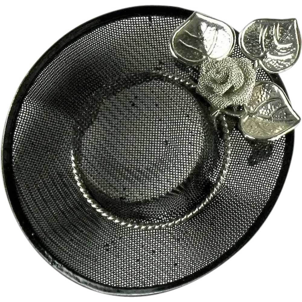 Black Straw Hat Flower Design Vintage Brooch - image 1