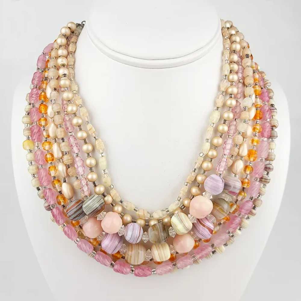 8-Strand Mid-Century Necklace Earrings Set ~ Pink… - image 3