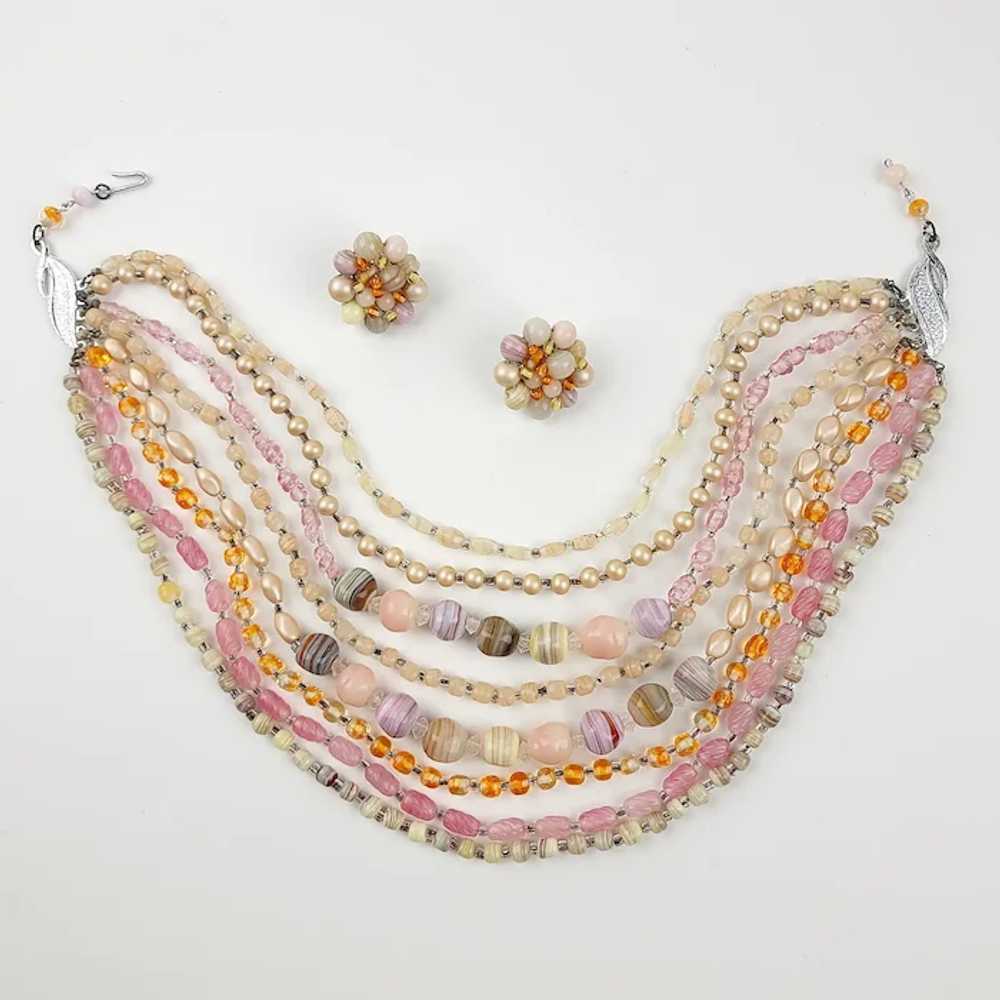 8-Strand Mid-Century Necklace Earrings Set ~ Pink… - image 5