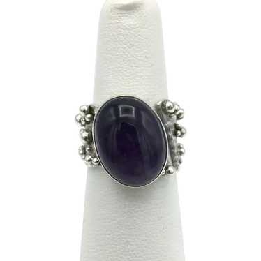 Amethyst Cabochon Ring - Sterling Silver, Adjustab