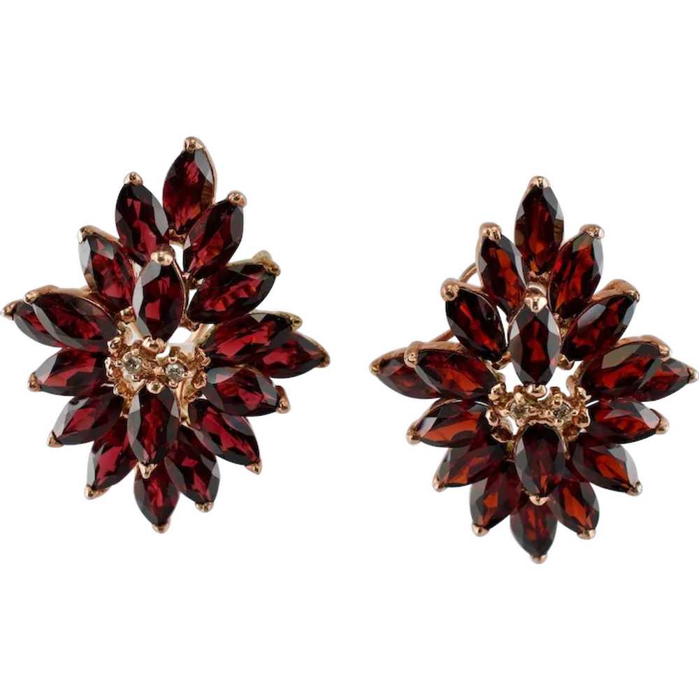 Red Garnet Diamond Earrings Flower 14K Rose Gold … - image 1
