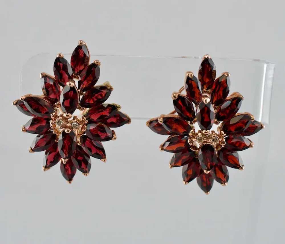 Red Garnet Diamond Earrings Flower 14K Rose Gold … - image 2