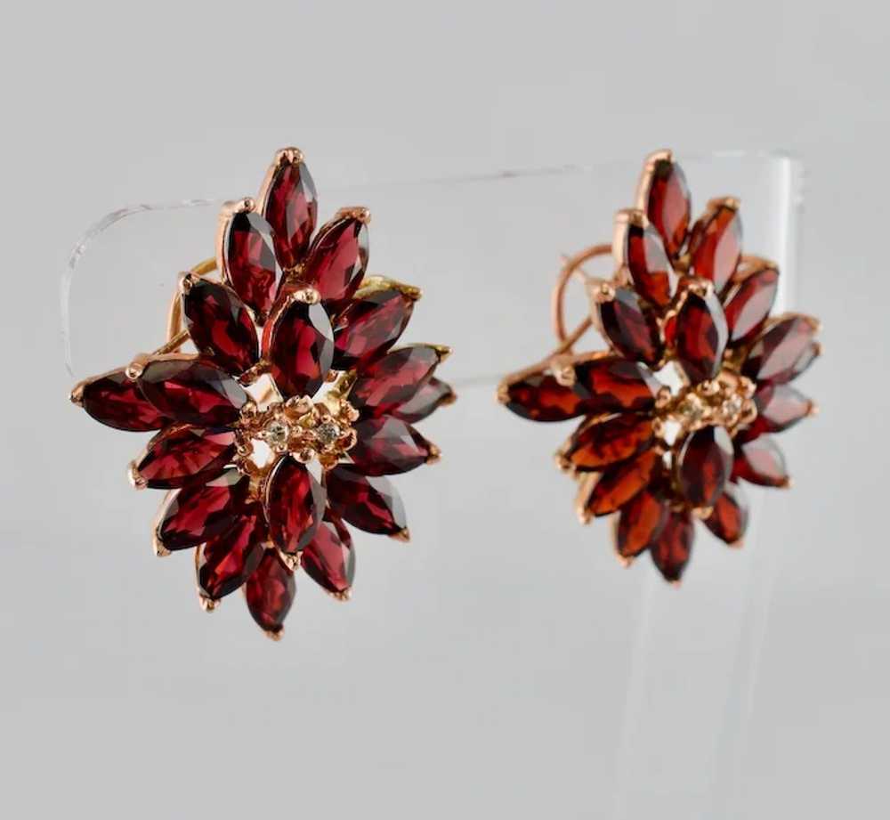 Red Garnet Diamond Earrings Flower 14K Rose Gold … - image 3