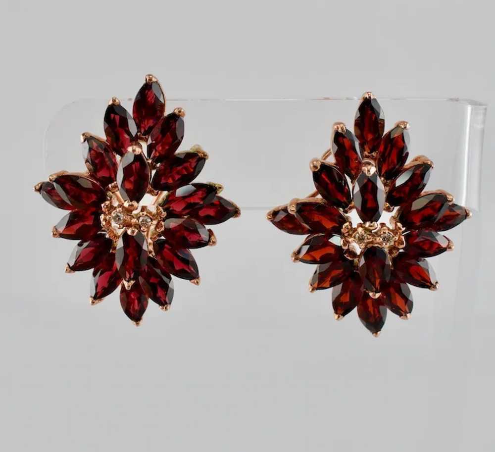 Red Garnet Diamond Earrings Flower 14K Rose Gold … - image 4