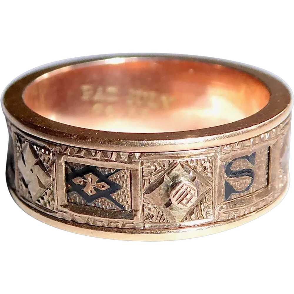 15k Rose Gold Memorial Ring Engraved Enamel 'SADI… - image 1