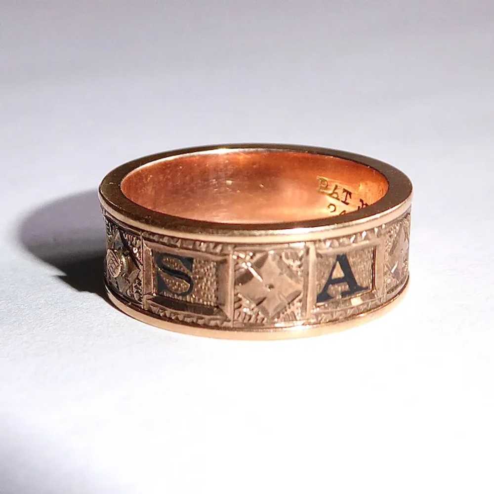 15k Rose Gold Memorial Ring Engraved Enamel 'SADI… - image 2