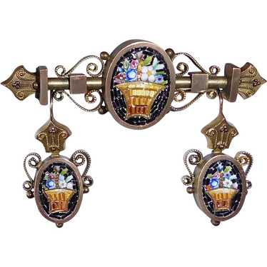 Victorian Mosaic Floral Basket Pin & Earrings Set… - image 1