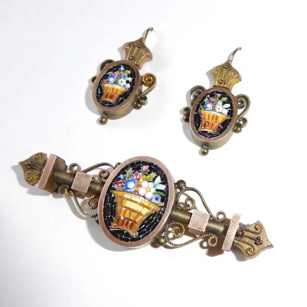 Victorian Mosaic Floral Basket Pin & Earrings Set… - image 2