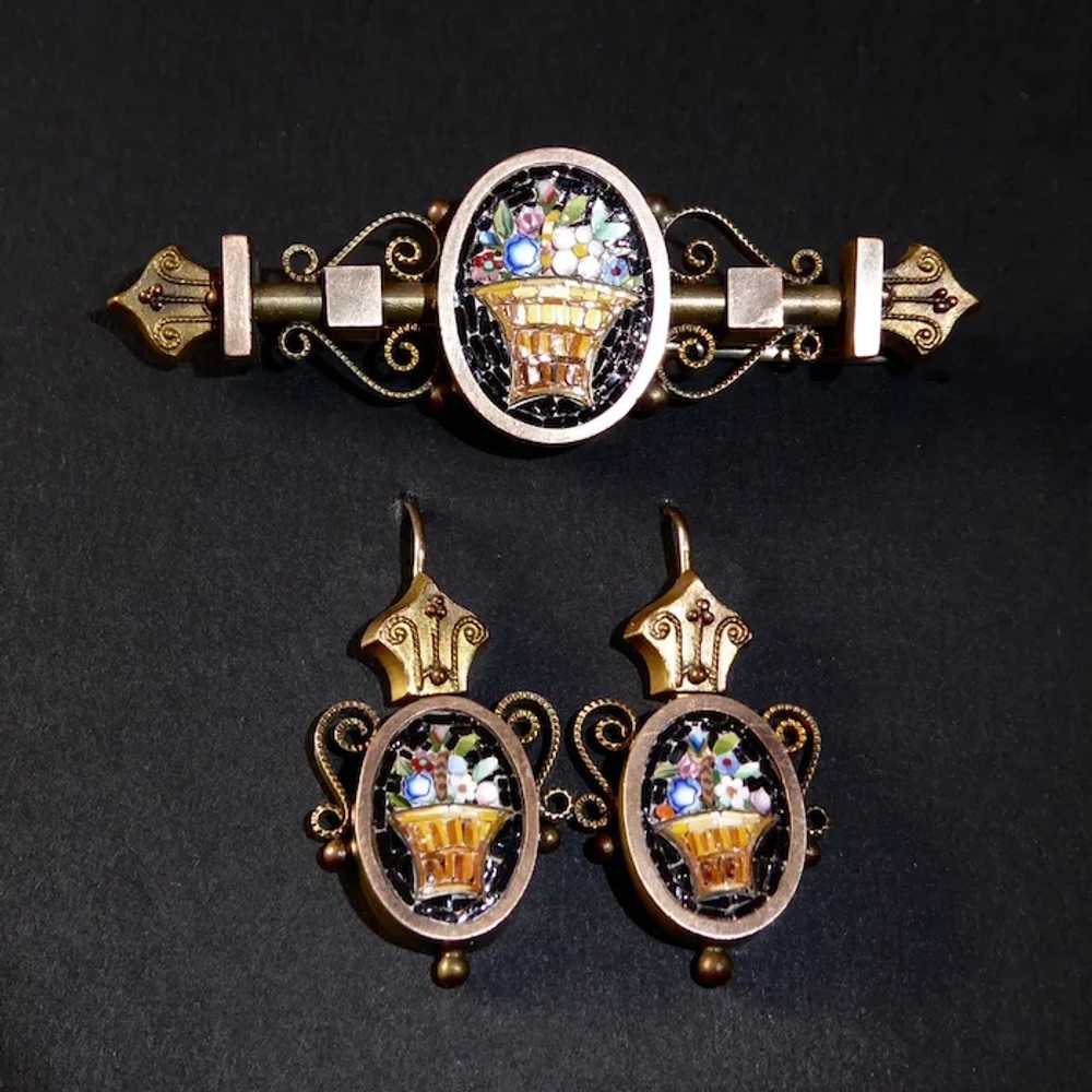 Victorian Mosaic Floral Basket Pin & Earrings Set… - image 5