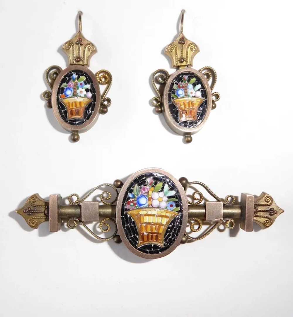 Victorian Mosaic Floral Basket Pin & Earrings Set… - image 8