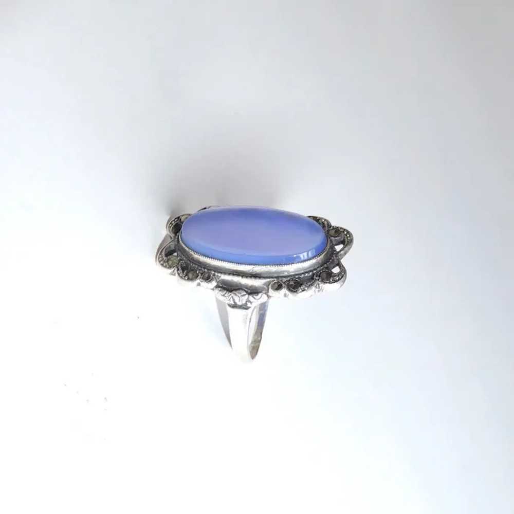 Art Deco Sterling Chalcedony & Marcasite Ring - image 10