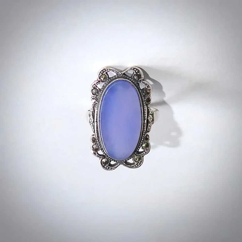 Art Deco Sterling Chalcedony & Marcasite Ring - image 12