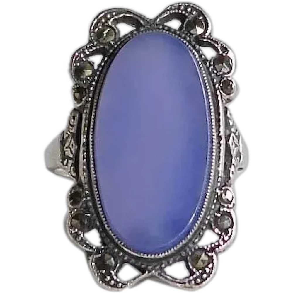 Art Deco Sterling Chalcedony & Marcasite Ring - image 1
