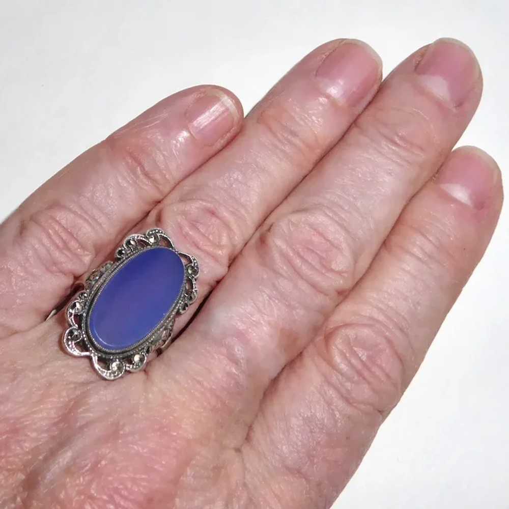 Art Deco Sterling Chalcedony & Marcasite Ring - image 2
