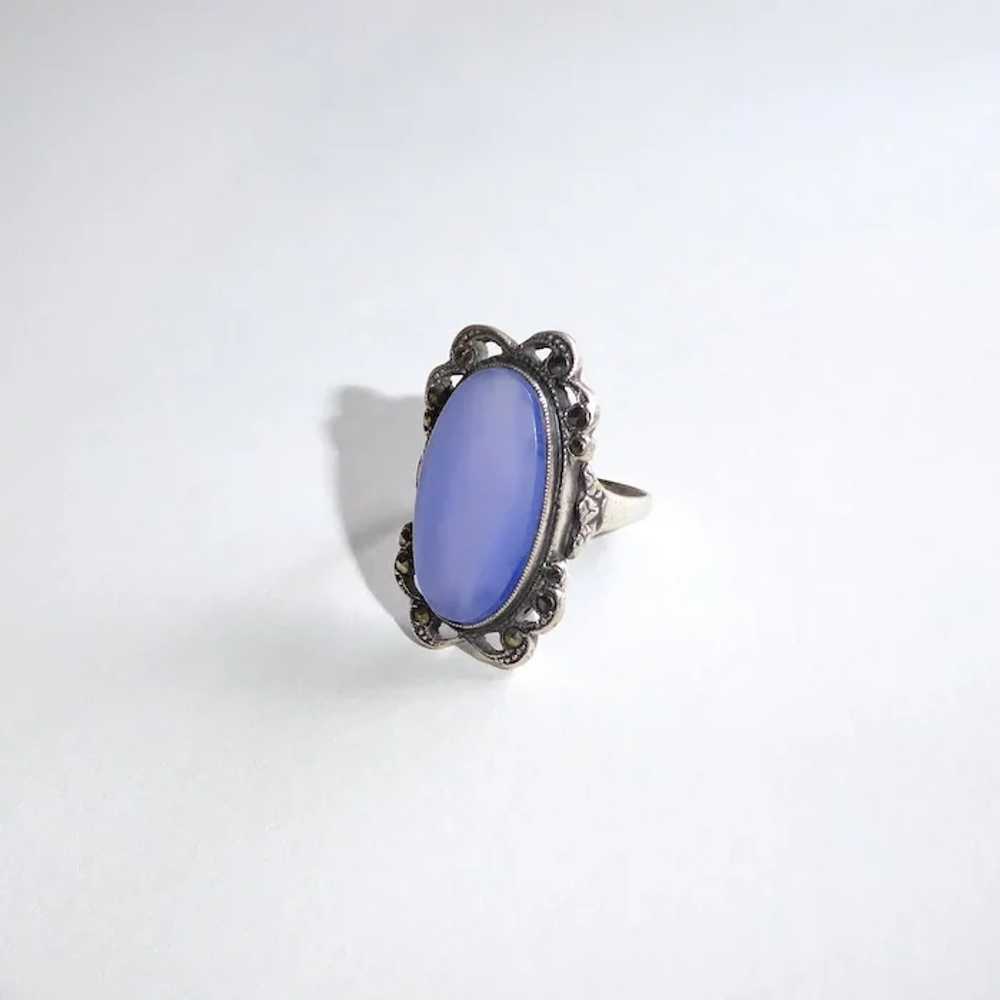 Art Deco Sterling Chalcedony & Marcasite Ring - image 3