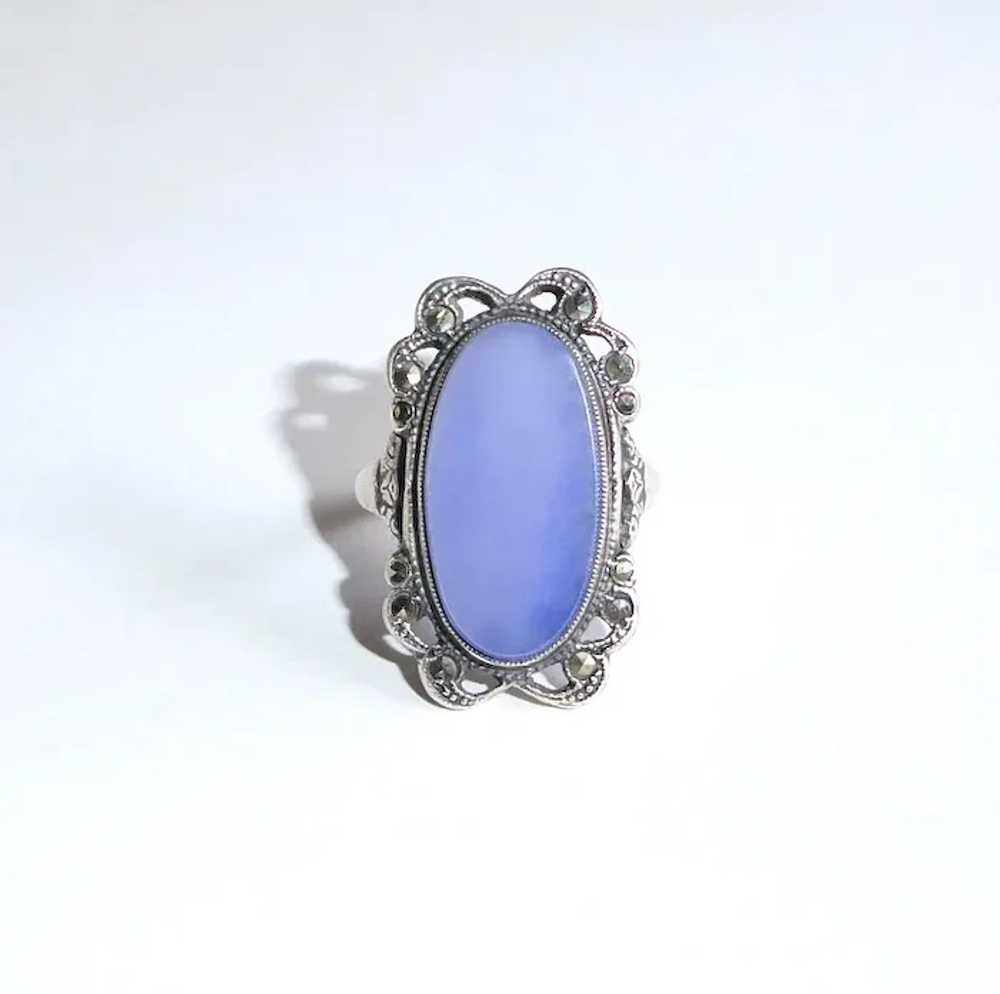 Art Deco Sterling Chalcedony & Marcasite Ring - image 4