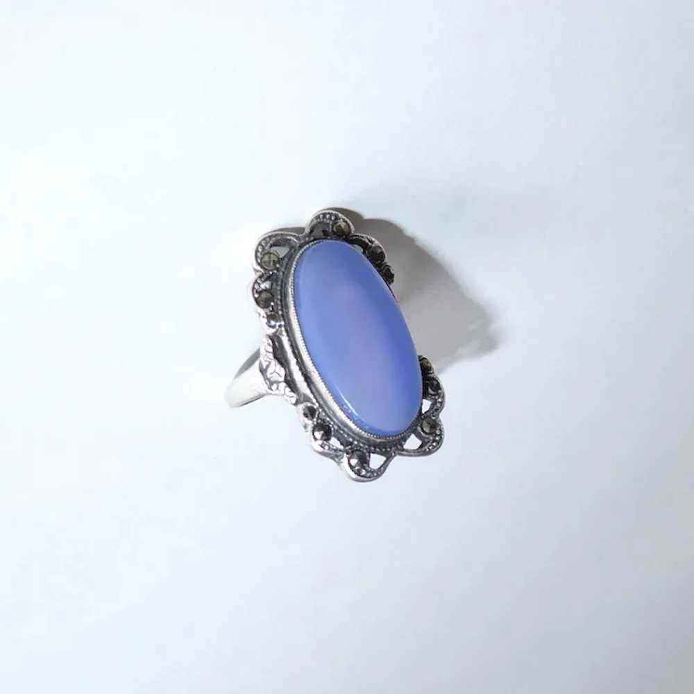 Art Deco Sterling Chalcedony & Marcasite Ring - image 6