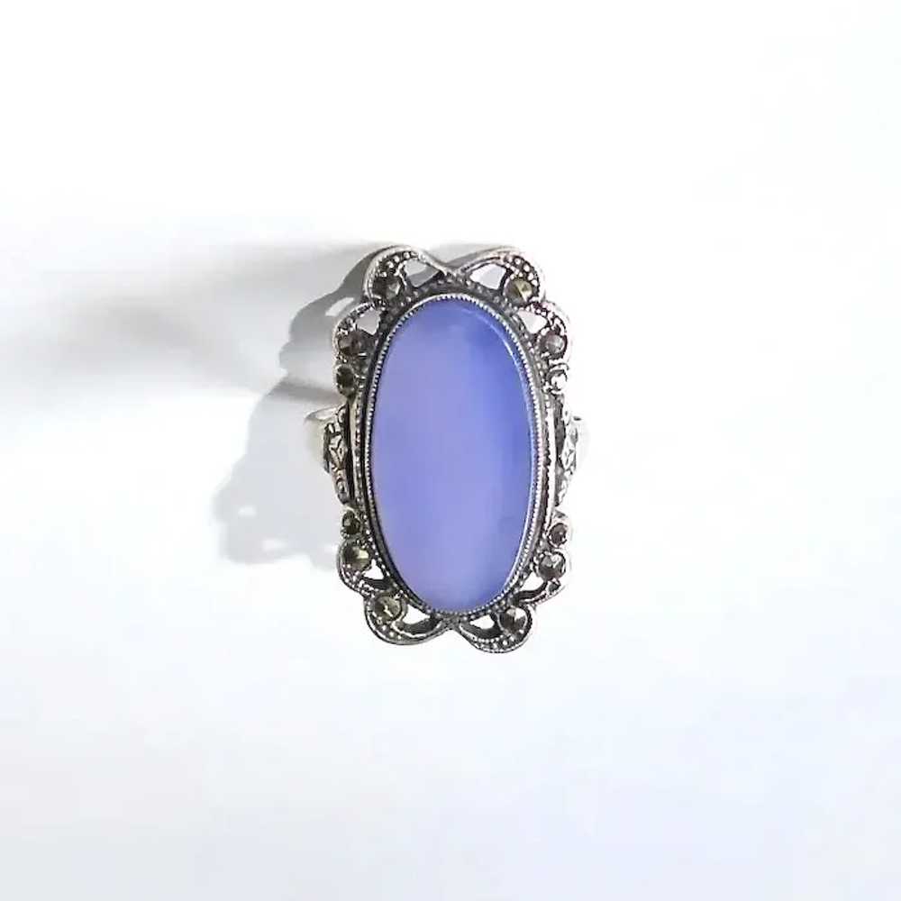 Art Deco Sterling Chalcedony & Marcasite Ring - image 7