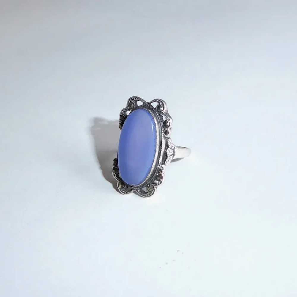 Art Deco Sterling Chalcedony & Marcasite Ring - image 9