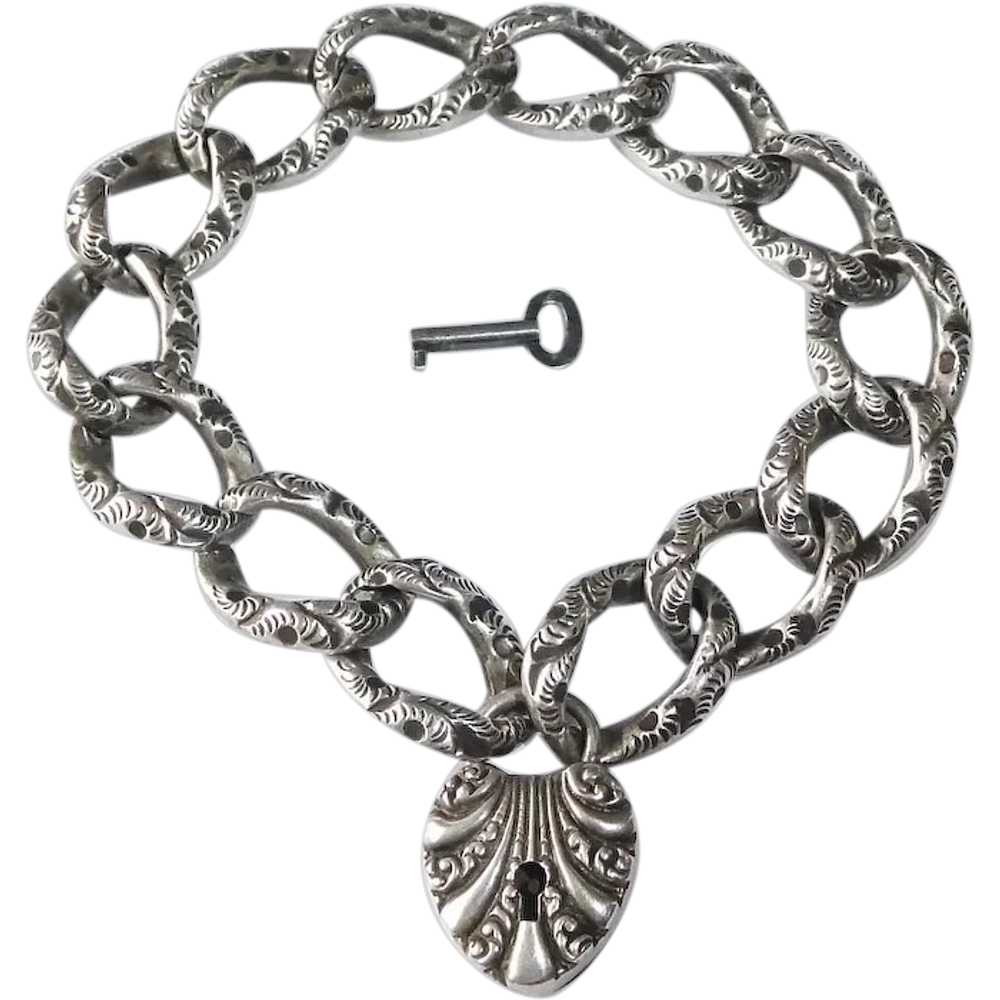 Victorian Sterling Embossed Link Antique Bracelet… - image 1
