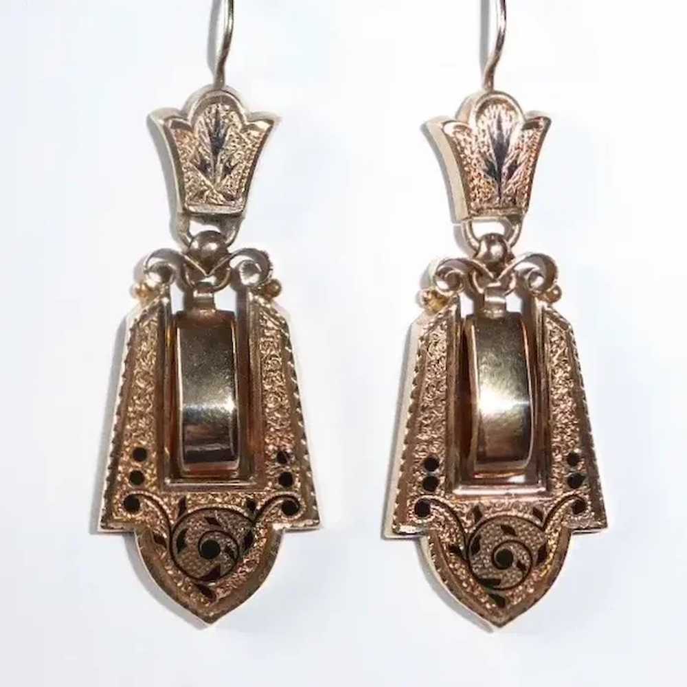 14k Rose Gold Victorian Drop Earrings w Tracery E… - image 2