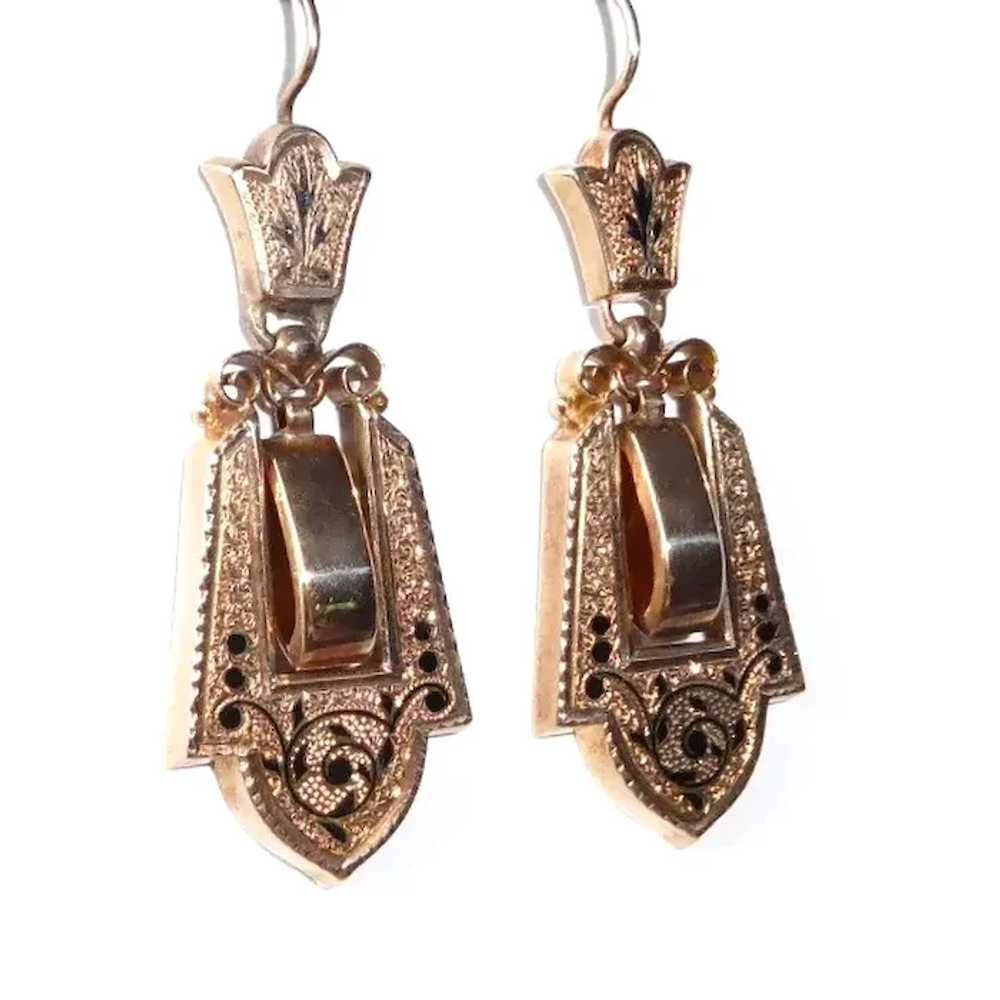 14k Rose Gold Victorian Drop Earrings w Tracery E… - image 3