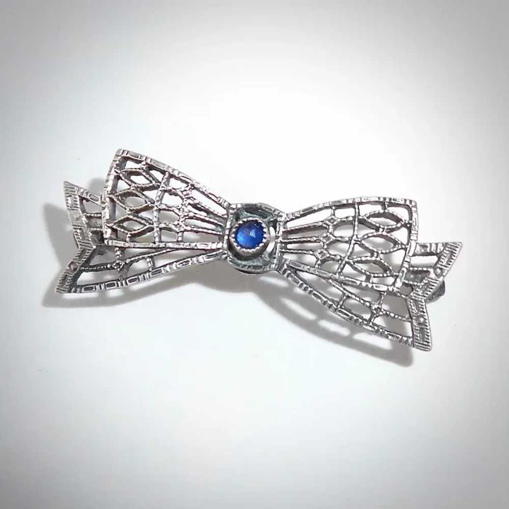 Sterling Filigree Petite Bow Lace Pin w Blue Jewel - image 11