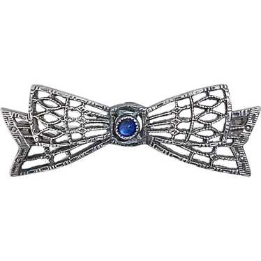Sterling Filigree Petite Bow Lace Pin w Blue Jewel - image 1