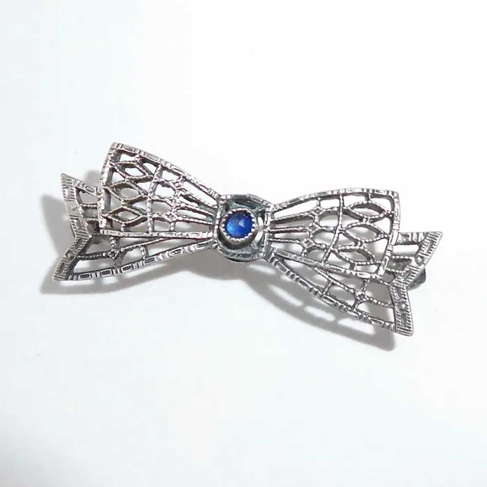 Sterling Filigree Petite Bow Lace Pin w Blue Jewel - image 2