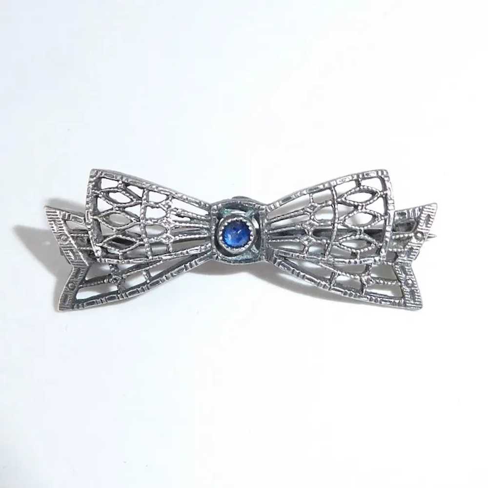 Sterling Filigree Petite Bow Lace Pin w Blue Jewel - image 3