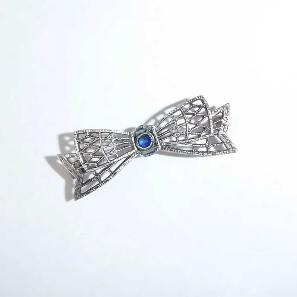 Sterling Filigree Petite Bow Lace Pin w Blue Jewel - image 4