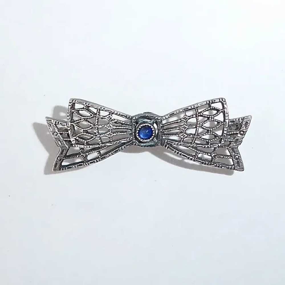 Sterling Filigree Petite Bow Lace Pin w Blue Jewel - image 5